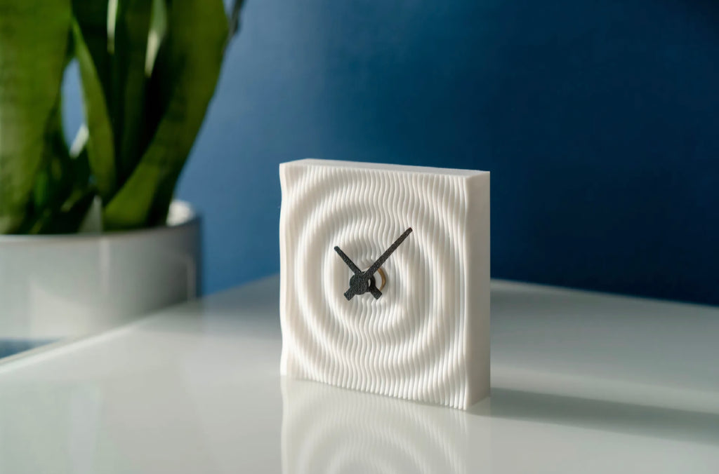 Pixo Ripple desk clock – modern textured square analog table clock front view