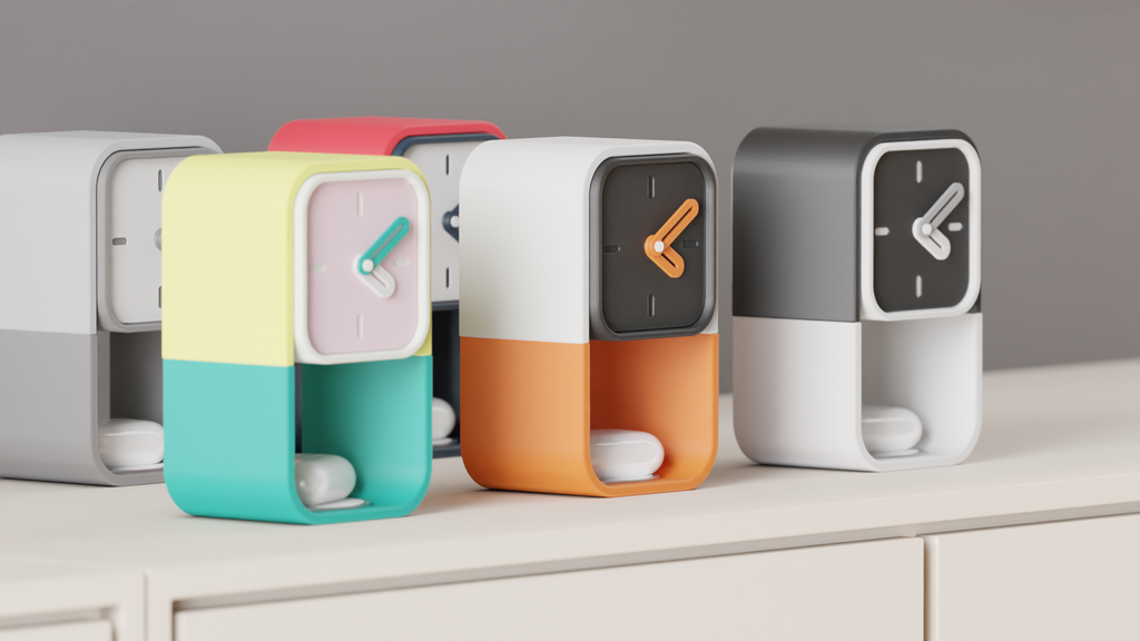 Pixo Orbit desk clock styled on a modern home office desk with AirPods