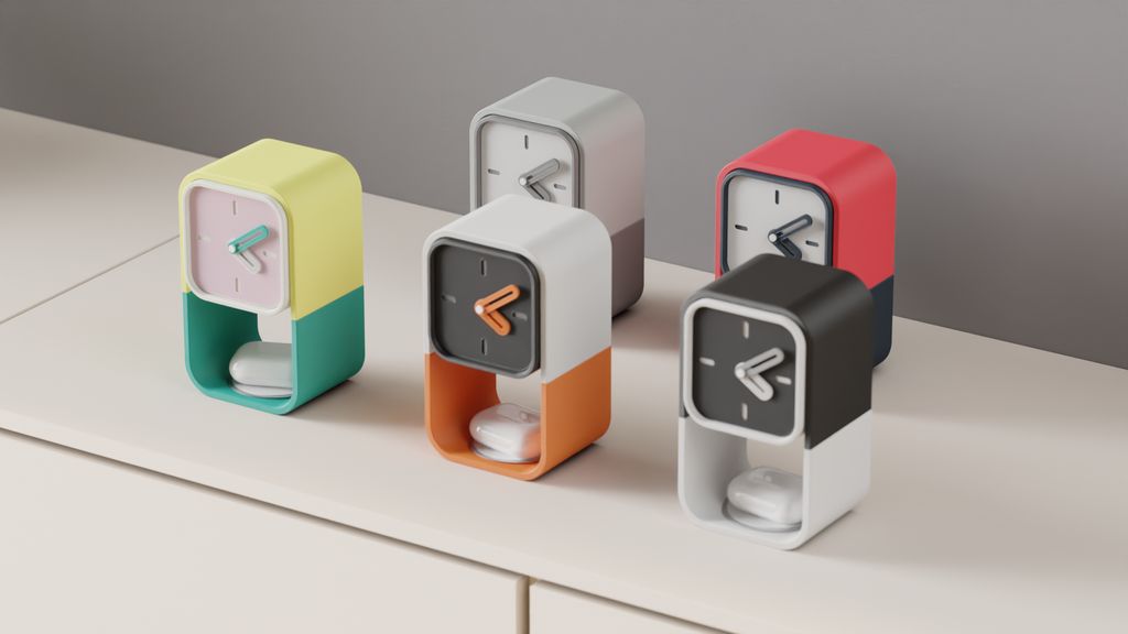 Pixo Orbit 3-in-1 desk clock with AirPods charger cradle and hidden storage – minimalist analog table clock front view