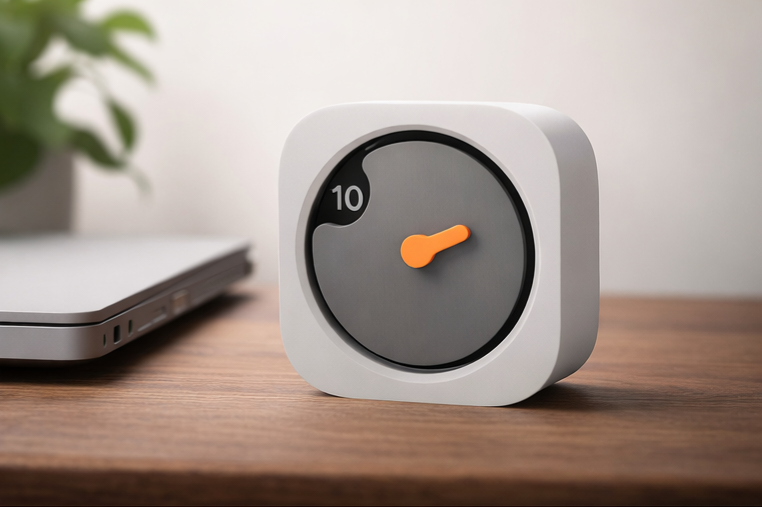 Pixo Sculpted Square desk clock in white – modern minimal analog table clock front view